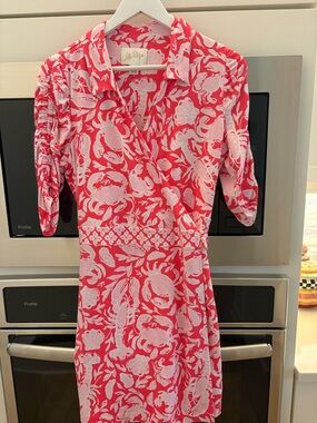 Lilly Pulitzer Coral and White Crab-Print Wrap-Style Dress- still in bag!